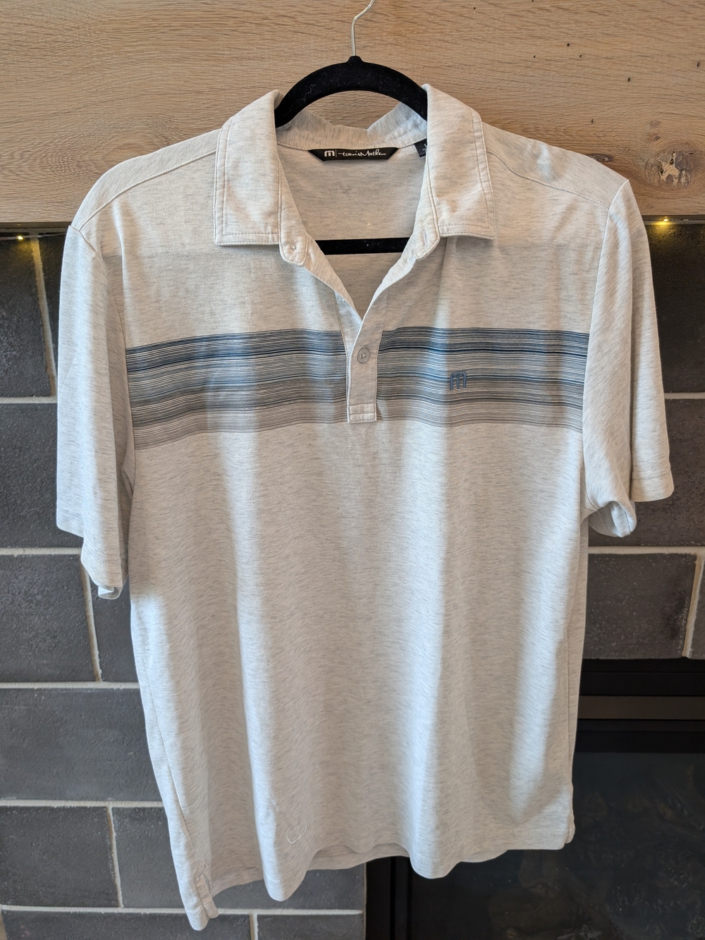 Travis Mathew Light Gray Polo with Blue Horizontal Stripe